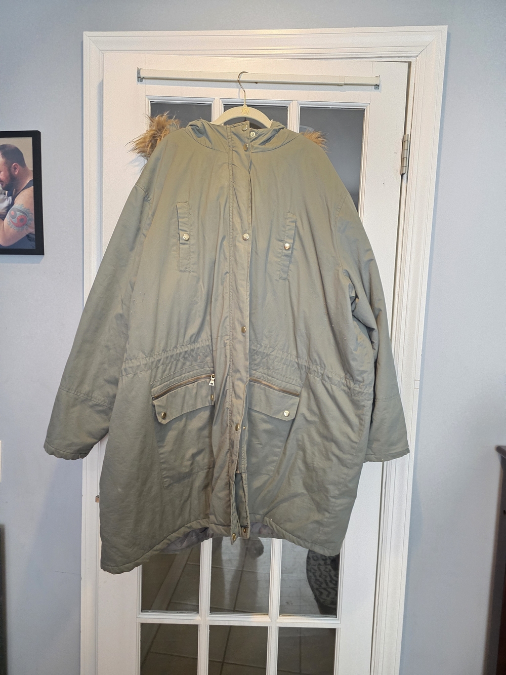Woman Within Olive Green Hooded Puffer Coat with Faux Fur Trim